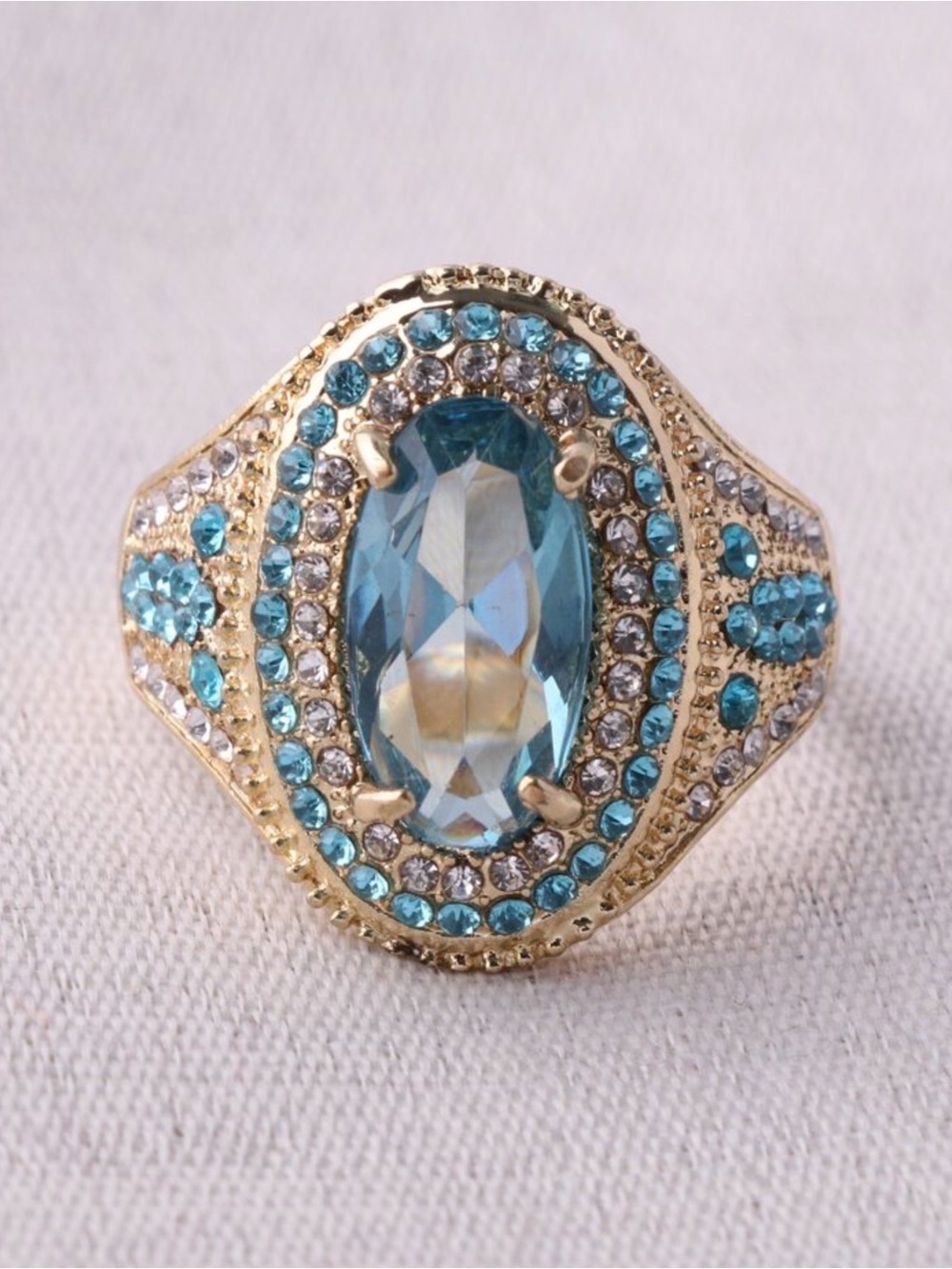 Gold-Tone Ring with Blue Crystal Halo
